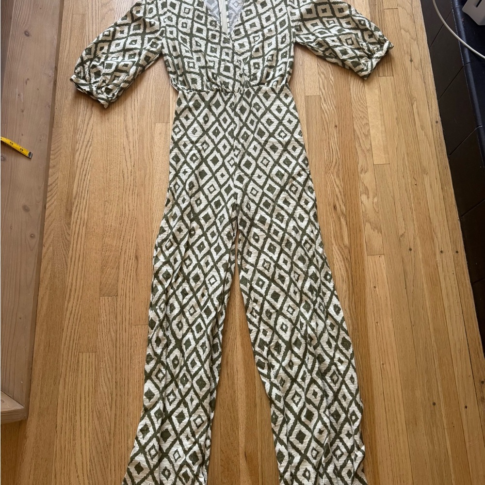 Mango Diamond Pattern Jumpsuit in Olive and White